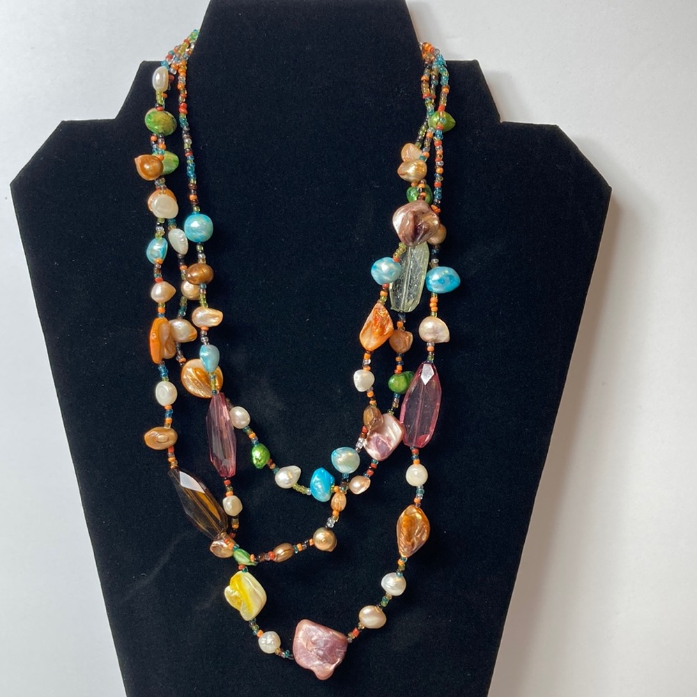 17" Colorful Small & Large Bead and Shell Necklace Multi Tier Layered